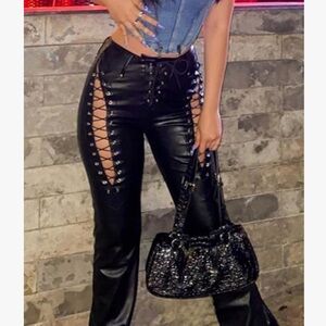 Black Faux Leather Lace Up Pants